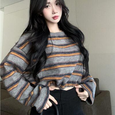 复古辣妹撞色条纹圆领长袖t恤女慵懒抽绳宽松短款打底衫显瘦上衣