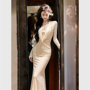 巨好看修身 轻奢小众不撞款 长裙 新款 大方得体水粉色连衣裙2026春季