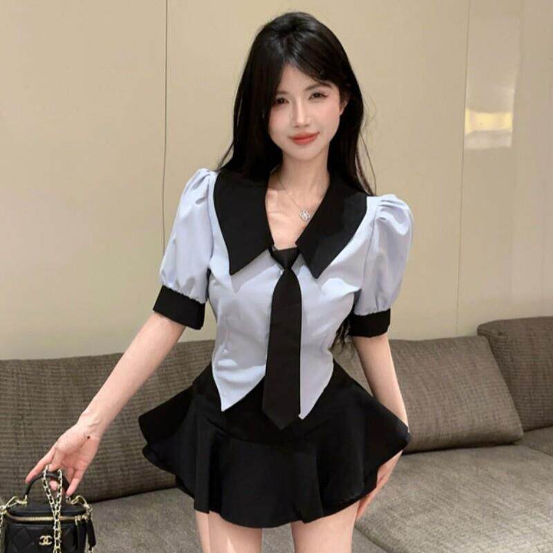 学院风辣妹JK制服套装撞色衬衫上衣女夏季新款高腰蓬蓬裙裤两件套