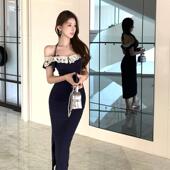 撞色拼接蕾丝花边收腰显瘦气质法式 小众高级感纯欲辣妹挂脖连衣裙