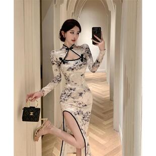 国风复古改良旗袍连衣裙女高开叉修身 新中式 显瘦优雅长裙 新款 秋季