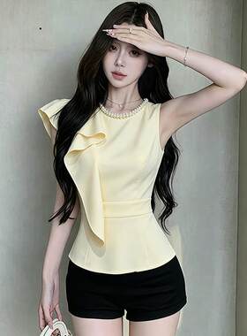 甜美减龄荷叶边黄色无袖背心纯色温柔千金风穿搭法式韩版短袖衬衫