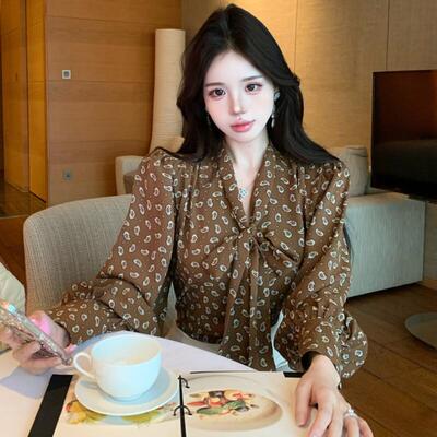 名媛气质波点飘带宽松百搭长袖衬衫女春夏新款百搭垂坠感显瘦上衣