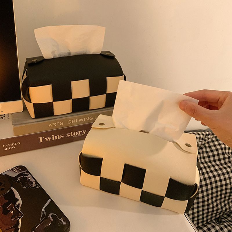 棋盘格高档黑白纸巾盒客厅轻奢餐桌抽纸盒美式皮革纸抽盒摆件纸盒