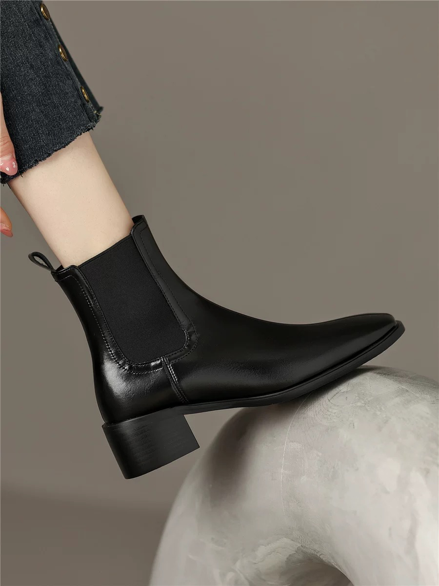 断码特价。5厘米粗跟牛皮切尔西短靴女鞋简约9371