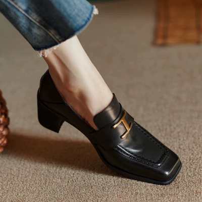 5.5厘米粗跟头层水洗马皮乐福鞋单鞋女22-305