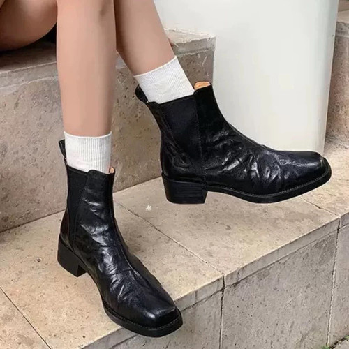 断码特价捡漏3厘米粗跟牛皮切尔西短靴女鞋9916