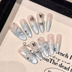 穿戴甲高级美甲猫眼合金小蝴蝶椭圆透底堆堆钻贴片手工穿戴甲可拆