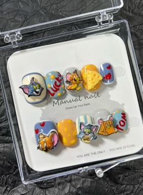 纯手工制作可爱卡通少女短圆穿戴美甲贴片可拆卸A528