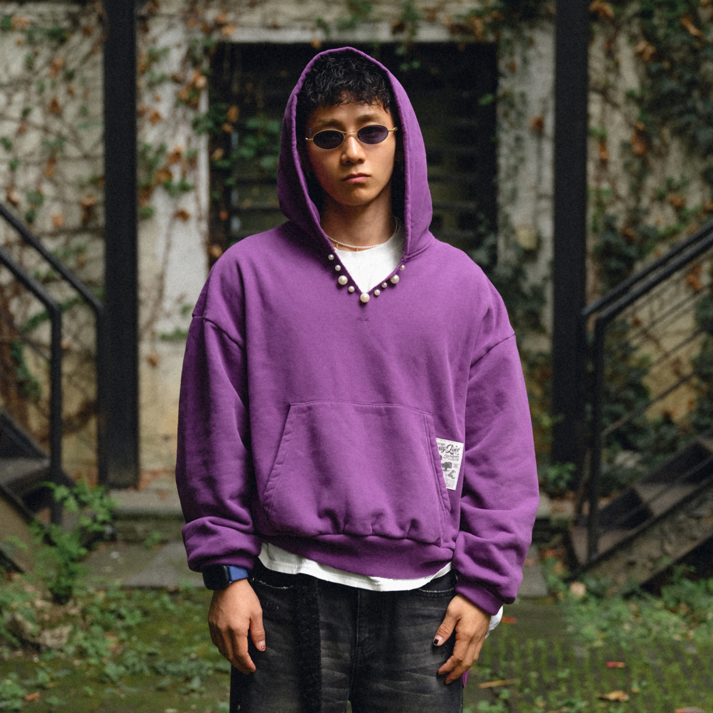 Liberty line25fw美式街头remake风手工珍珠重磅加绒连帽套头卫衣