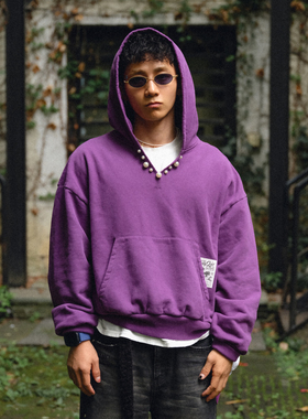 Liberty line25fw美式街头remake风手工珍珠重磅加绒连帽套头卫衣