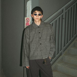 Liberty line25aw欧美街头黑白羊毛混纺格纹短宽剪裁翻领衬衫外套