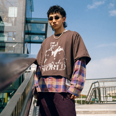 Liberty line25aw美式街头人物印花方格料拼接宽松假两件长袖衬衫