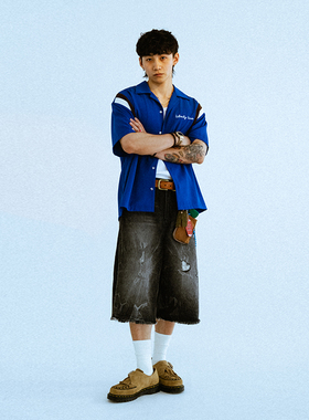 Liberty line【口口桑自制】美式改良重工链条刺绣保龄球短袖衬衫