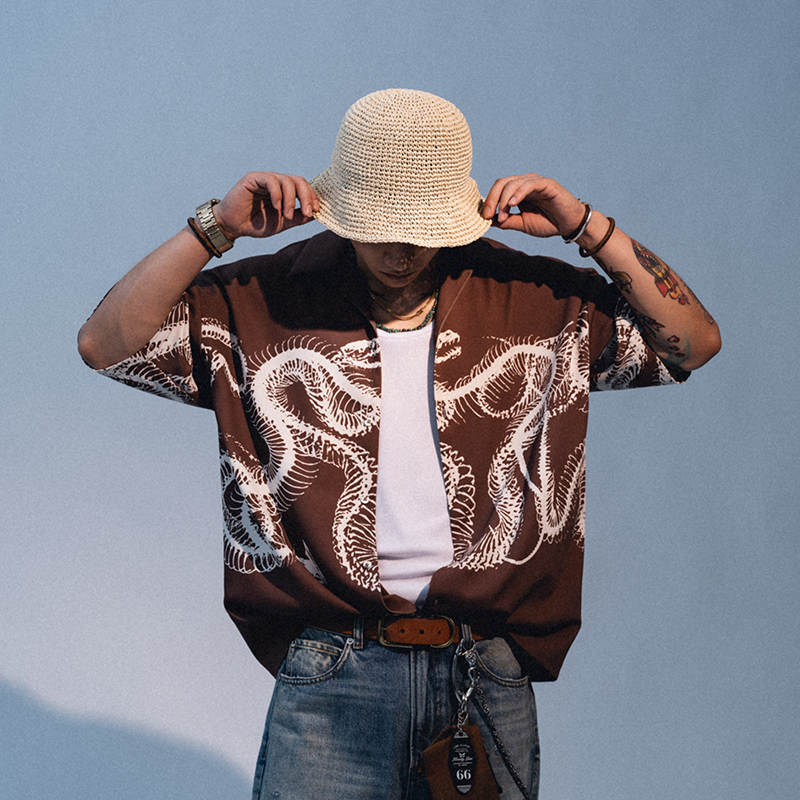 Liberty line美式街头蛇骨图腾垂感面料宽松剪裁古巴领夏威夷衬衫