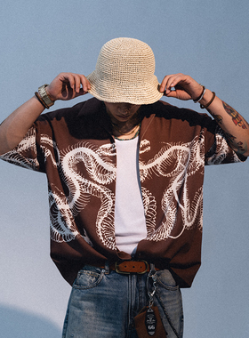 Liberty line美式街头蛇骨图腾垂感面料宽松剪裁古巴领夏威夷衬衫