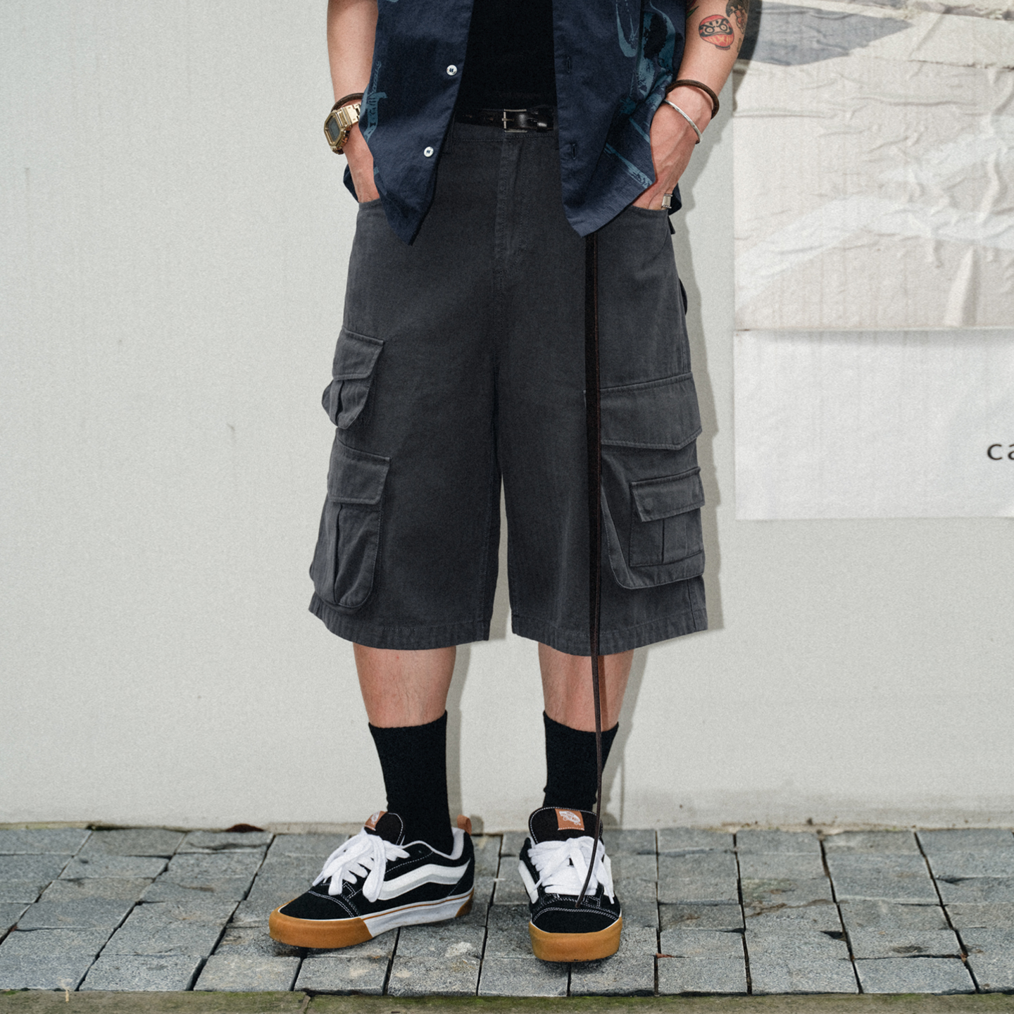 Liberty line25ss高密鱼骨纹面料不对称口袋工装宽松六分裤cargo