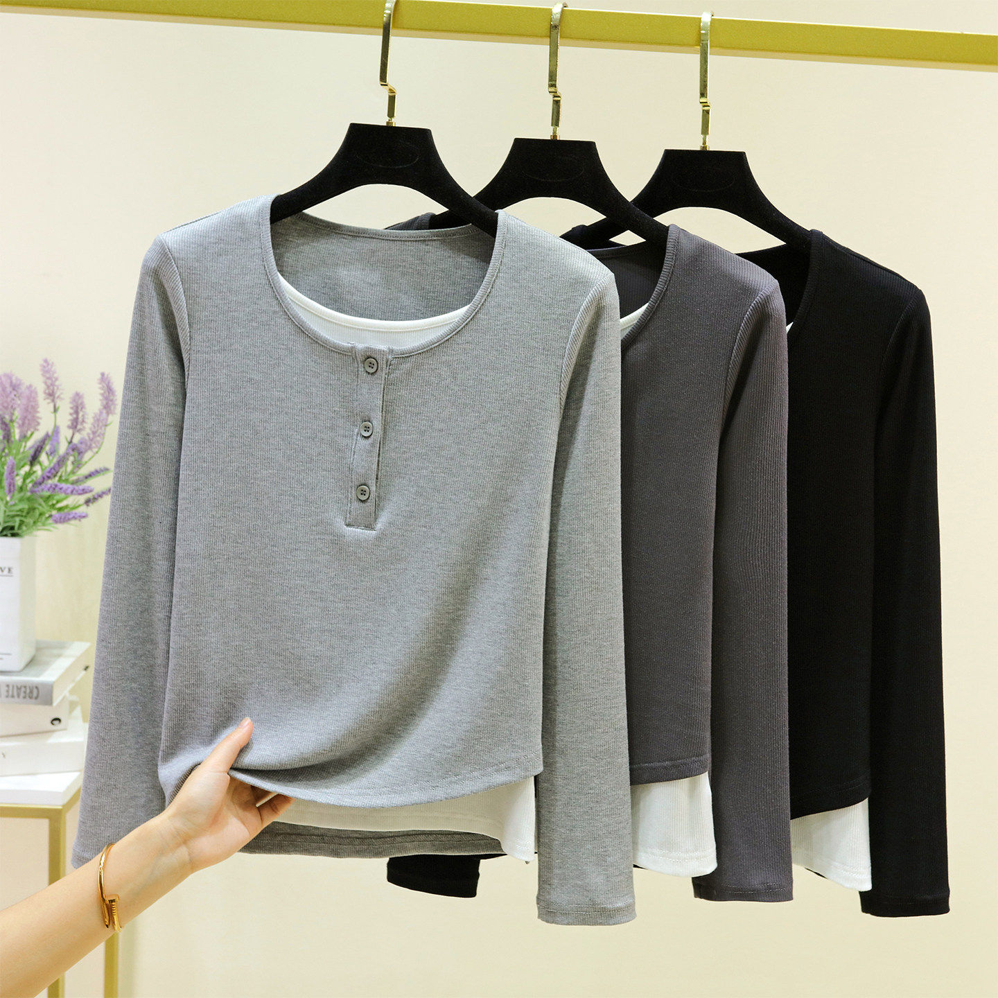 螺纹长袖休闲可外穿设计感薄款上衣假两件T恤女士新款内搭打底衫,女装/女士精品,T恤,淘宝优惠券,粉丝福利购,淘宝优惠卷