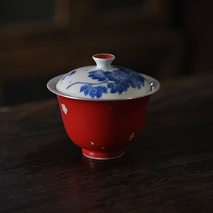 卿山茶器景德镇手绘海棠花蝶纹盖碗功夫茶具颜色釉红色泡茶碗送礼