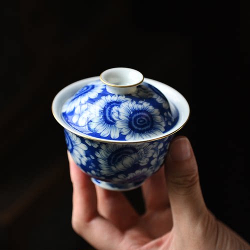 手绘描金向日葵薄胎盖碗纯手工