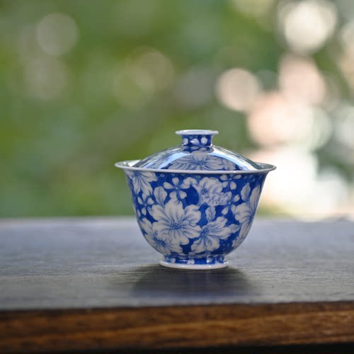 青花山茶花薄胎盖碗泡茶碗120ml