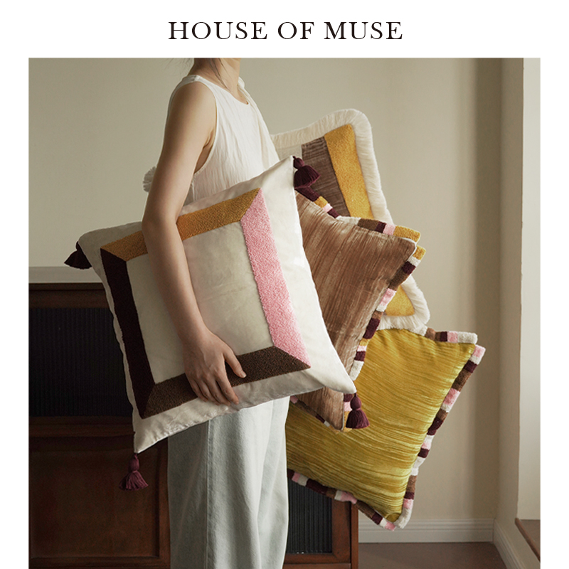 缪斯家法式中古绣花丝绒拼色流苏抱枕复古靠垫设计感客厅沙发靠枕