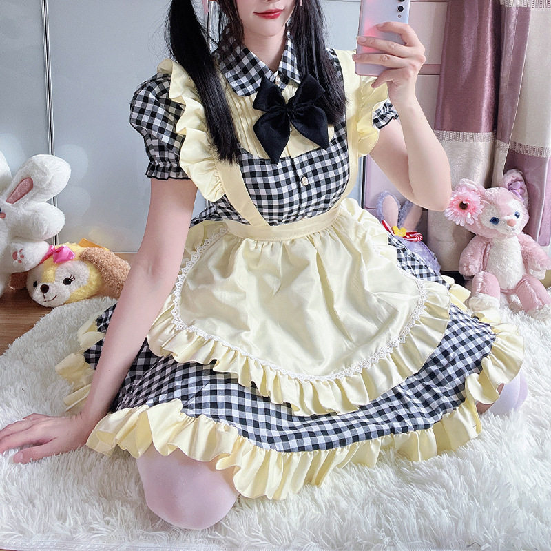 日系经典咖啡厅女仆装双色格子二次元cosplay软妹女佣制服lolita