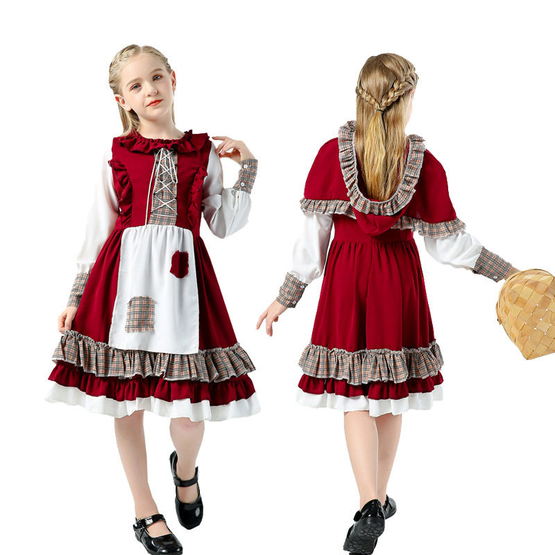 万圣节小红帽话剧演出服cosplay农场田园红色系补丁连衣裙表演服