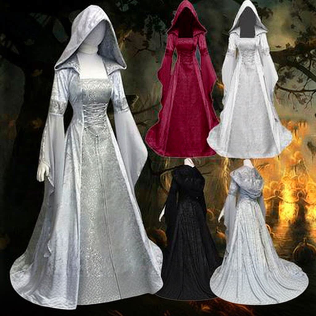 简约女装cos服中世纪复古风婚纱色连帽束腰连衣裙cospla