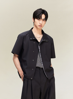 芸蚁〔黑泽明〕可立领异料斜襟撞色拼接格纹抽绳短袖衬衫