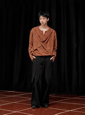 芸蚁「川流」光影流线型飞片多褶高腰廓形宽松休闲长裤_ 舞