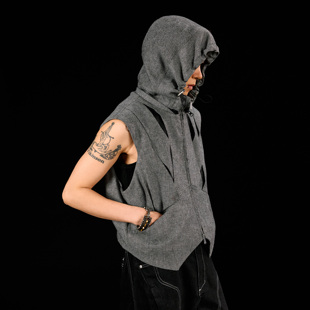 芸蚁〔银蛇〕特殊亚麻混纺银蛇纹可拆卸帽子破骨镂空拼接结构马甲