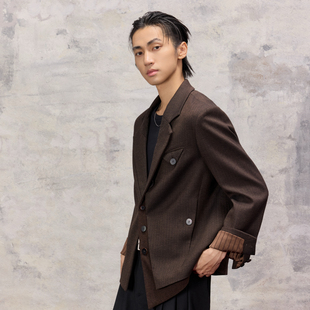 芸蚁〔棕月泥〕羊毛混纺多形态人纹肌理不对称可立平驳领外套西装