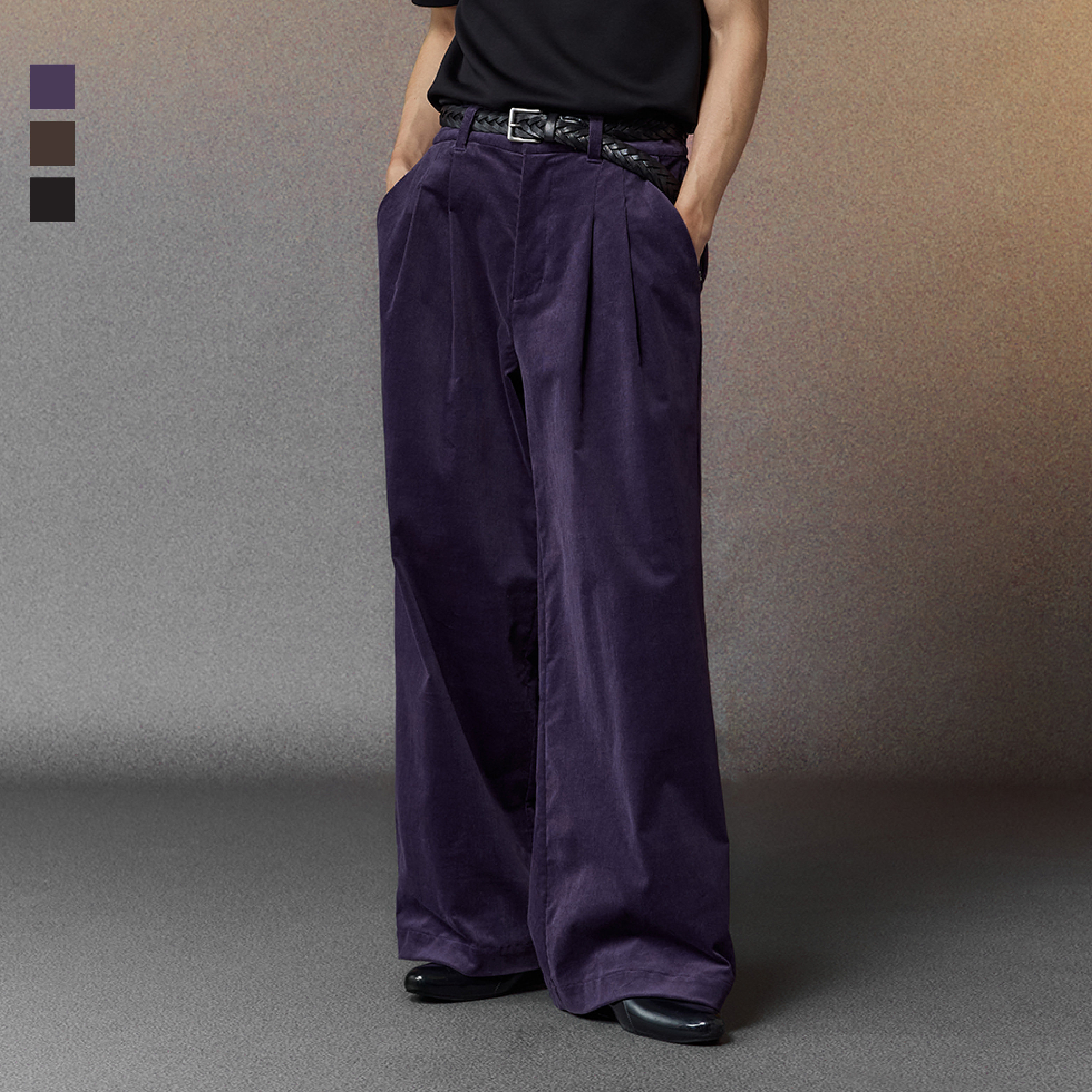 芸蚁〔工人俱乐部〕特殊极细灯芯绒21坑弹力抗皱廓形打褶直筒长裤