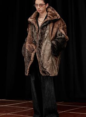 高定款*芸蚁「座山雕」狂傲仿貂毛不规则拼接中长款毛绒大衣_侠