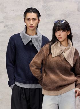 芸蚁〔牧羊人〕仿马海毛羊毛混纺多形态大翻领撞色软糯绒感毛衣