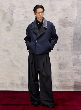 芸蚁〔冷雨夜〕布雷泽结构羊毛混纺夜蓝可水洗皮领灯芯绒拼接夹克