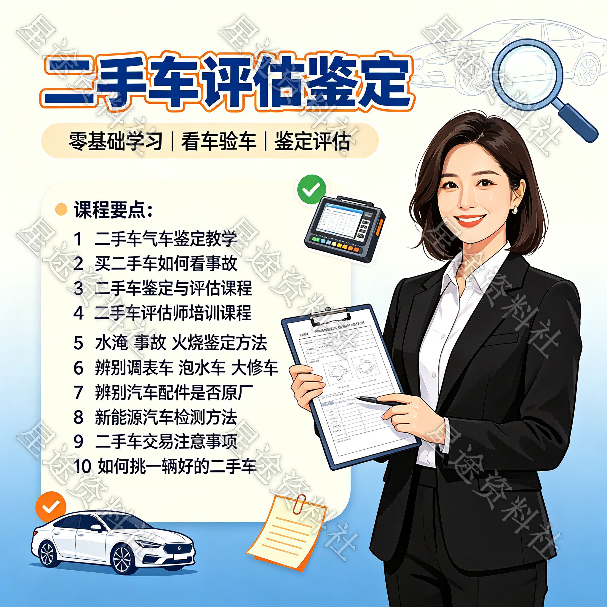 二手气车评估视频教程鉴定火烧大修泡水事故车看验车方法教学课程