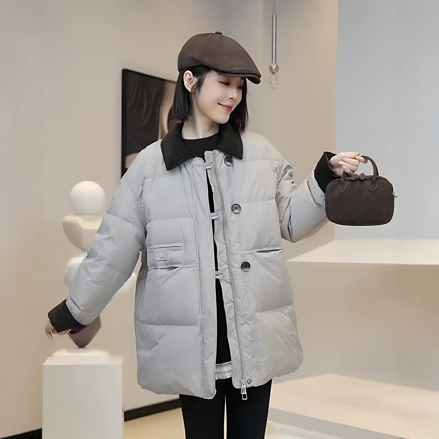 2025冬季新款韩版撞色翻领中长款棉服外套女宽松百搭保暖加厚棉袄,个性定制/设计服务/DIY,棉服工装,淘宝优惠券,粉丝福利购,淘宝优惠卷