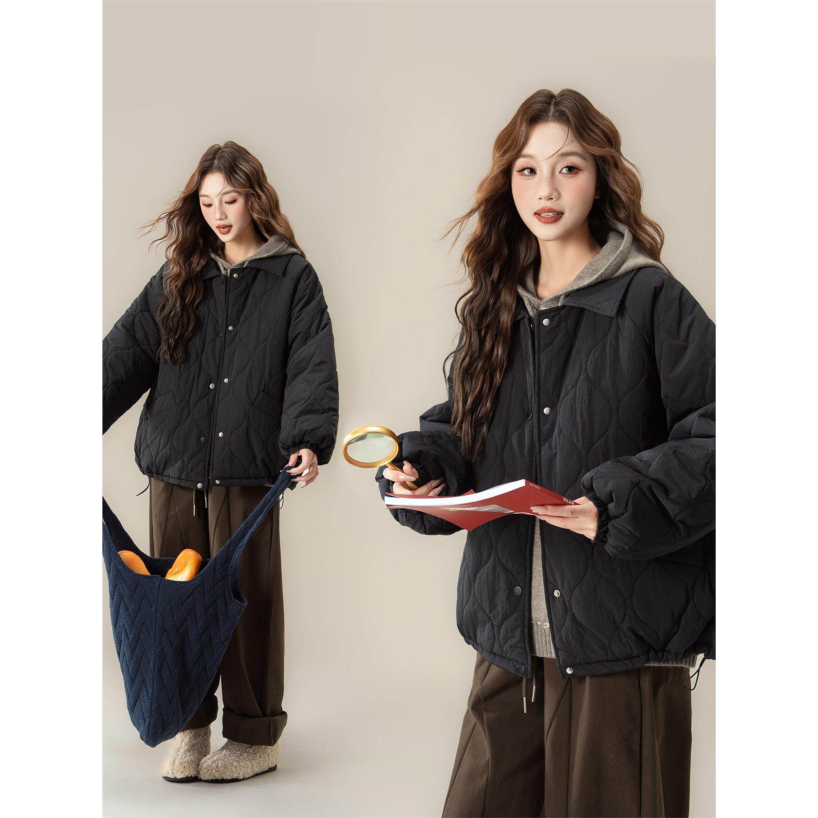 日式简约风菱格短外套女2025秋冬新款宽松显瘦保暖棉服黑色上衣潮,个性定制/设计服务/DIY,棉服工装,淘宝优惠券,粉丝福利购,淘宝优惠卷