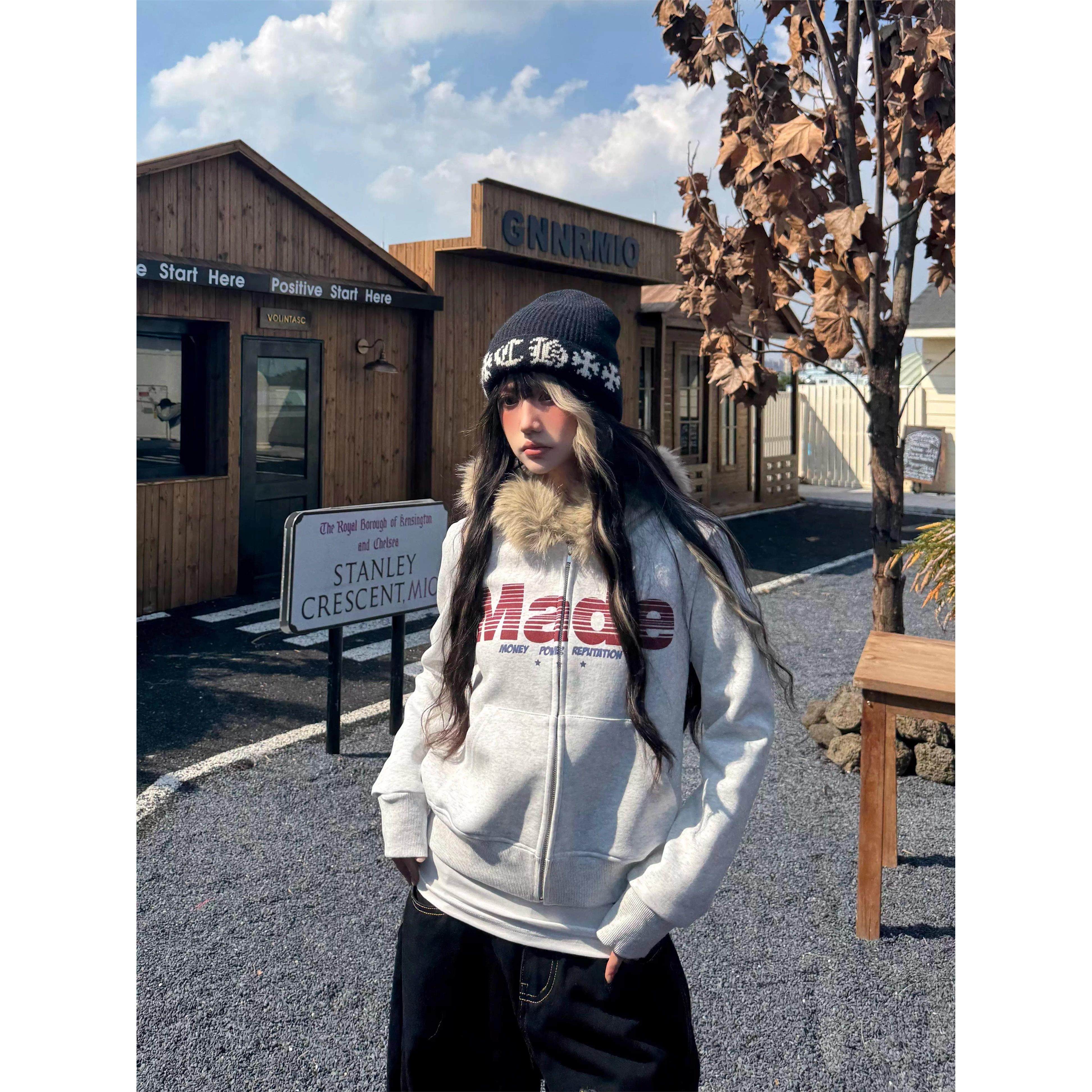 Amoeba美式覆古毛领连帽卫衣拉炼开衫字母印花秋季短款宽松外套女,个性定制/设计服务/DIY,棉服工装,淘宝优惠券,粉丝福利购,淘宝优惠卷