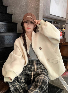 法国chrry koop米白色加厚夹克外套女秋季新款洋气小熊刺绣立领