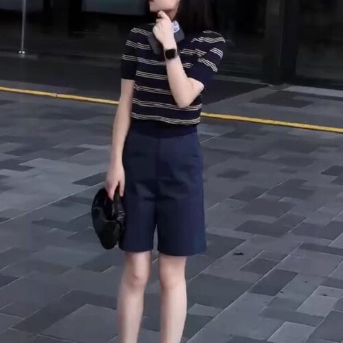 法国gentle motto夏季新款翻领条纹短袖polo衫高腰短裤显瘦女