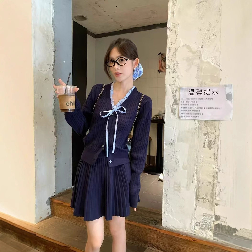 法国chrry koop韩系学院风套装女木耳边拼接针织开衫上衣秋冬