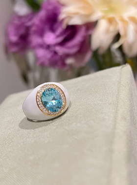 法国gentle motto新中式黑白珐琅红刚玉海蓝锆分色戒指  高品质