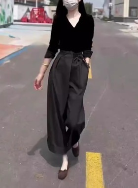 法国gentle motto秋季新款时尚v领长袖t恤休闲阔腿裤洋气显瘦