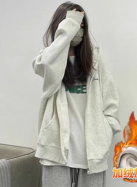 法国chrry koop美式复古白灰色连帽卫衣女春秋oversize薄款外套