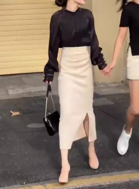 法国gentle motto新款法式轻奢显瘦黑色长袖衬衫包臀半身裙女