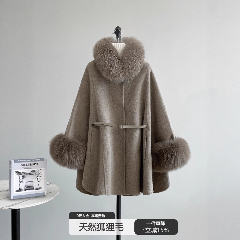 海宁秋冬狐狸毛领高级双面羊绒大衣女韩版羊毛呢斗篷披肩皮草外套