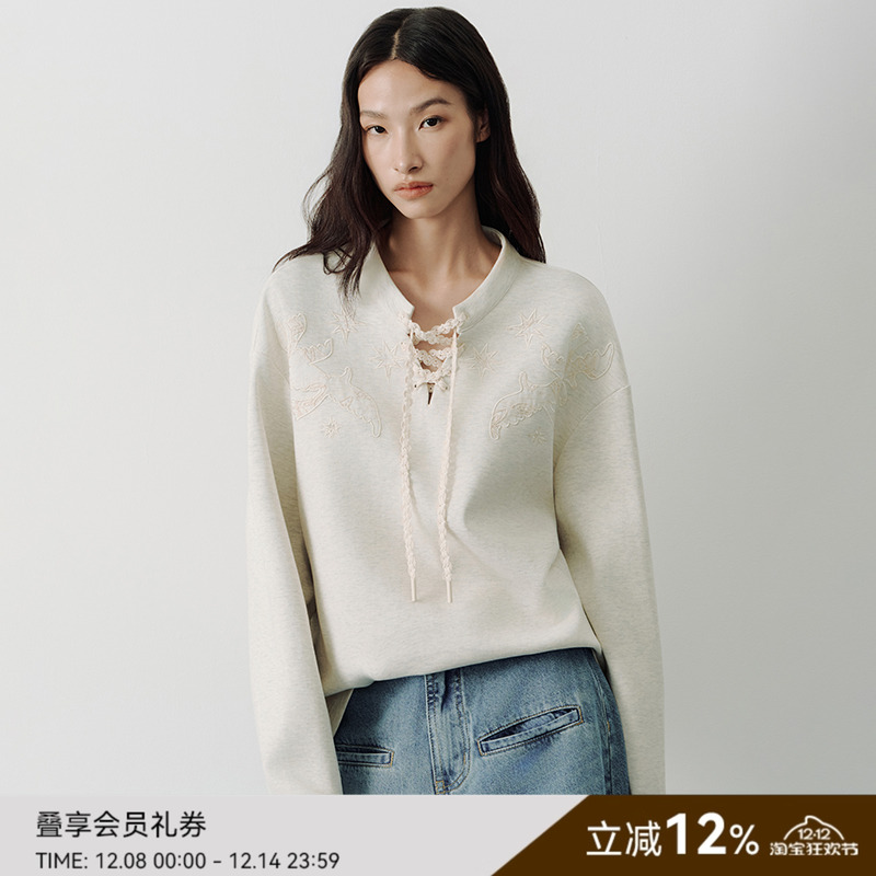 SAME FLOW 原创设计浅灰色蕾丝飞鸟刺绣挺括感早秋立领卫衣女上衣